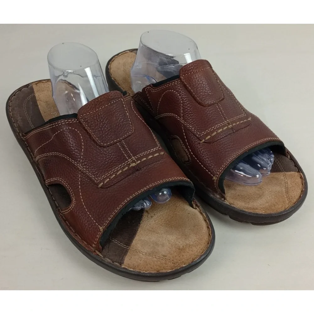 Hush Puppies Mens 13 Brown Driftline Pebbled Embroidered Leather Slide Sandals